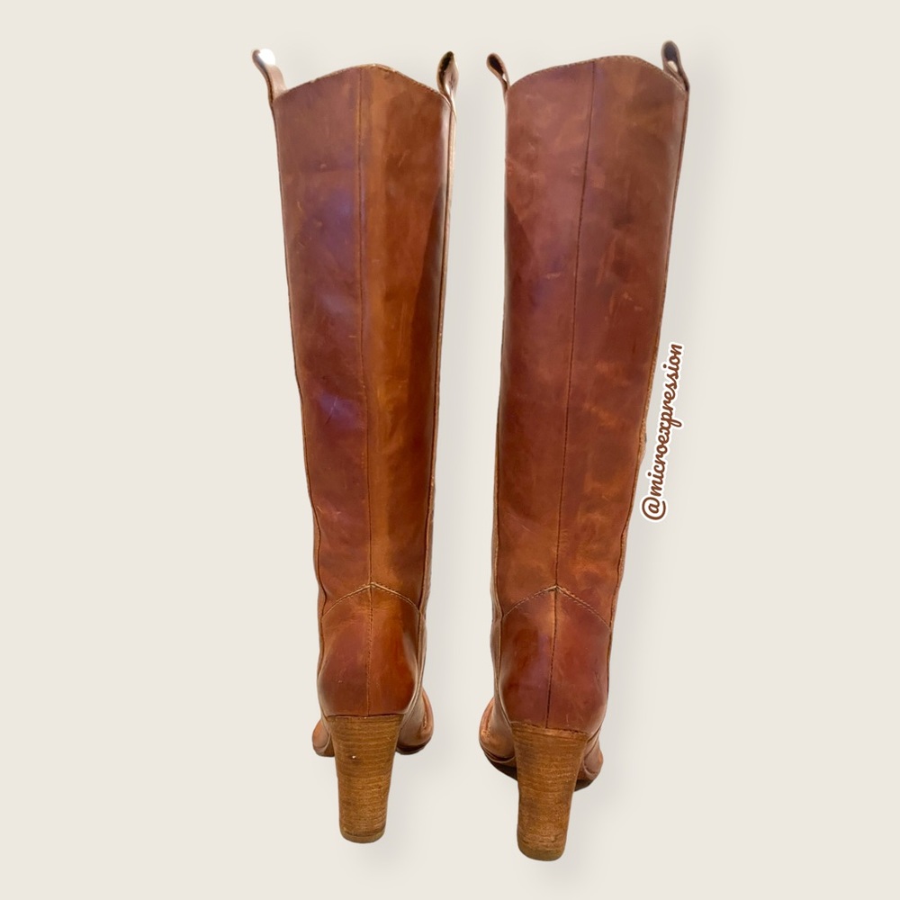 $399 Frye Villager Pull On Knee High Cognac Leather Tall Heeled Distressed Boot - Picture 10 of 15